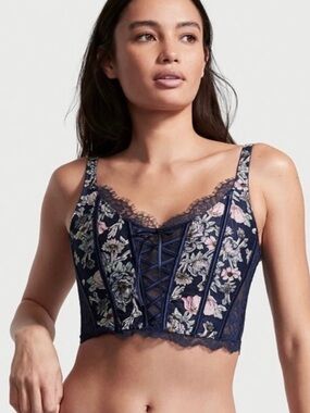 Victoria's Secret Navy Floral Lace Bustier Bralette Corset